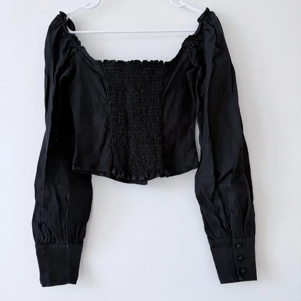 Reformation Hogan Long Sleeve Linen Top Black Size XS / 0